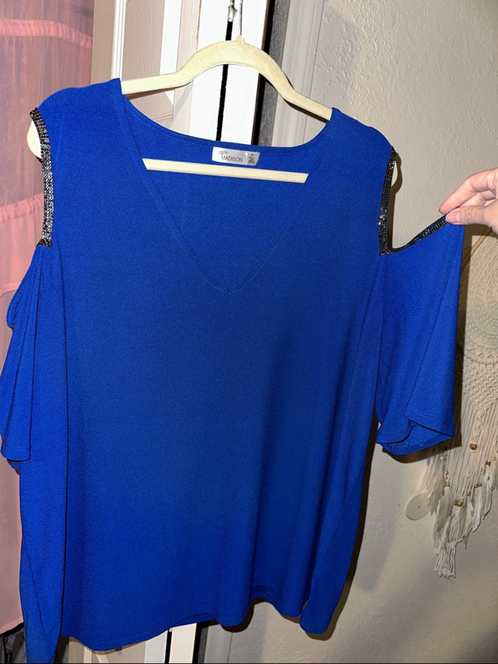 89th & Madison Cobalt Blue Cold-Shoulder V-Neck Top with Beaded Trim